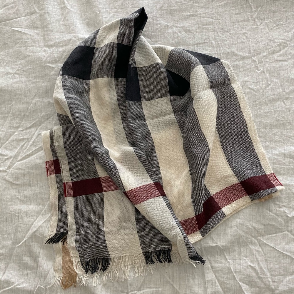 Burberry Cream Plaid Wool-Blend Scarf with Tan, Black & Red Stripes - Picture 6 of 6